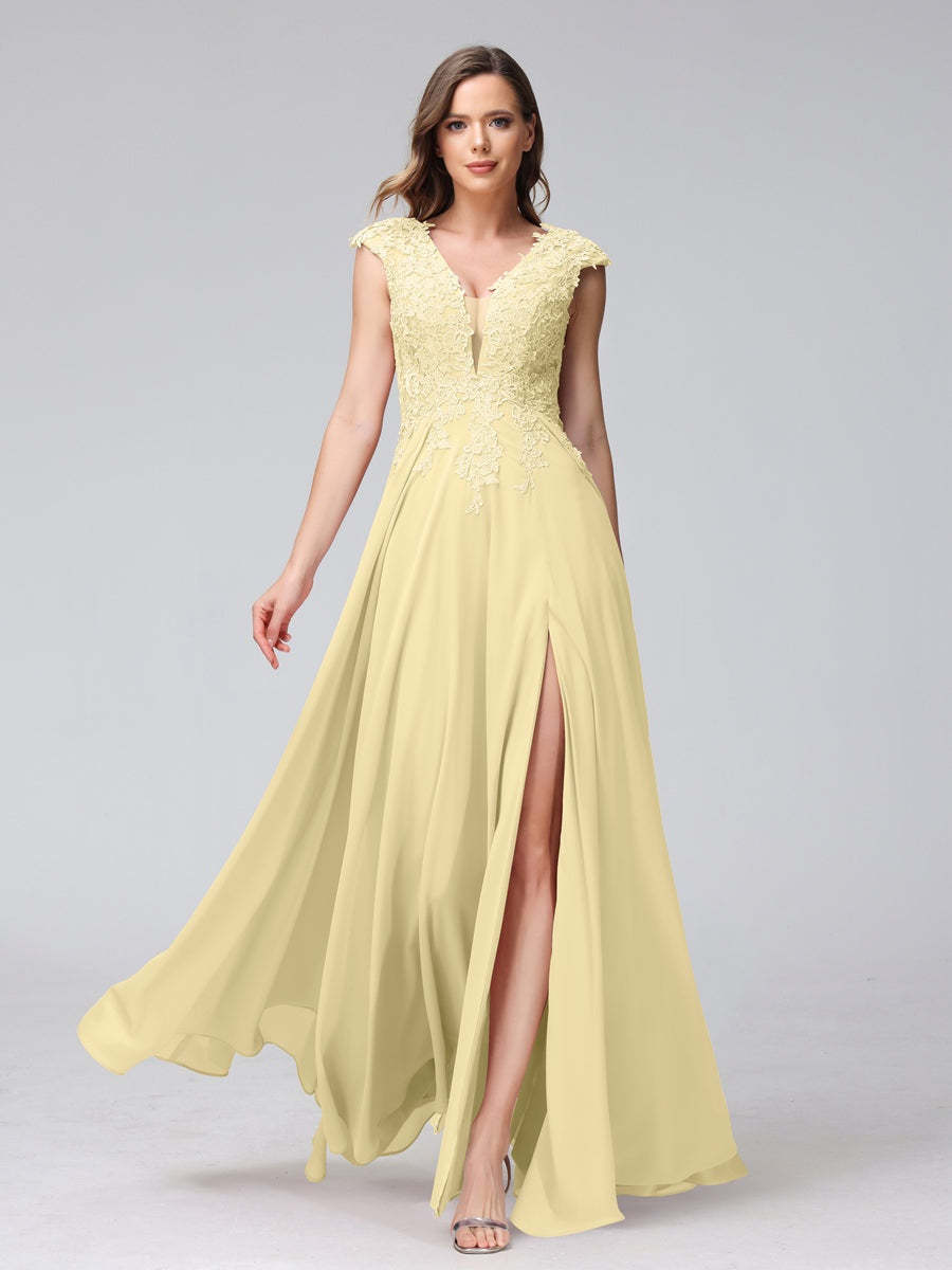 V-Neck Sleeveless A-Line Princess Chiffon Bridesmaid Dress with Applique and Side Split