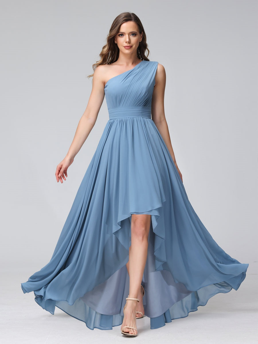 One-Shoulder Asymmetrical A-Line Princess Bridesmaid Dresses with Pockets, Sleeveless