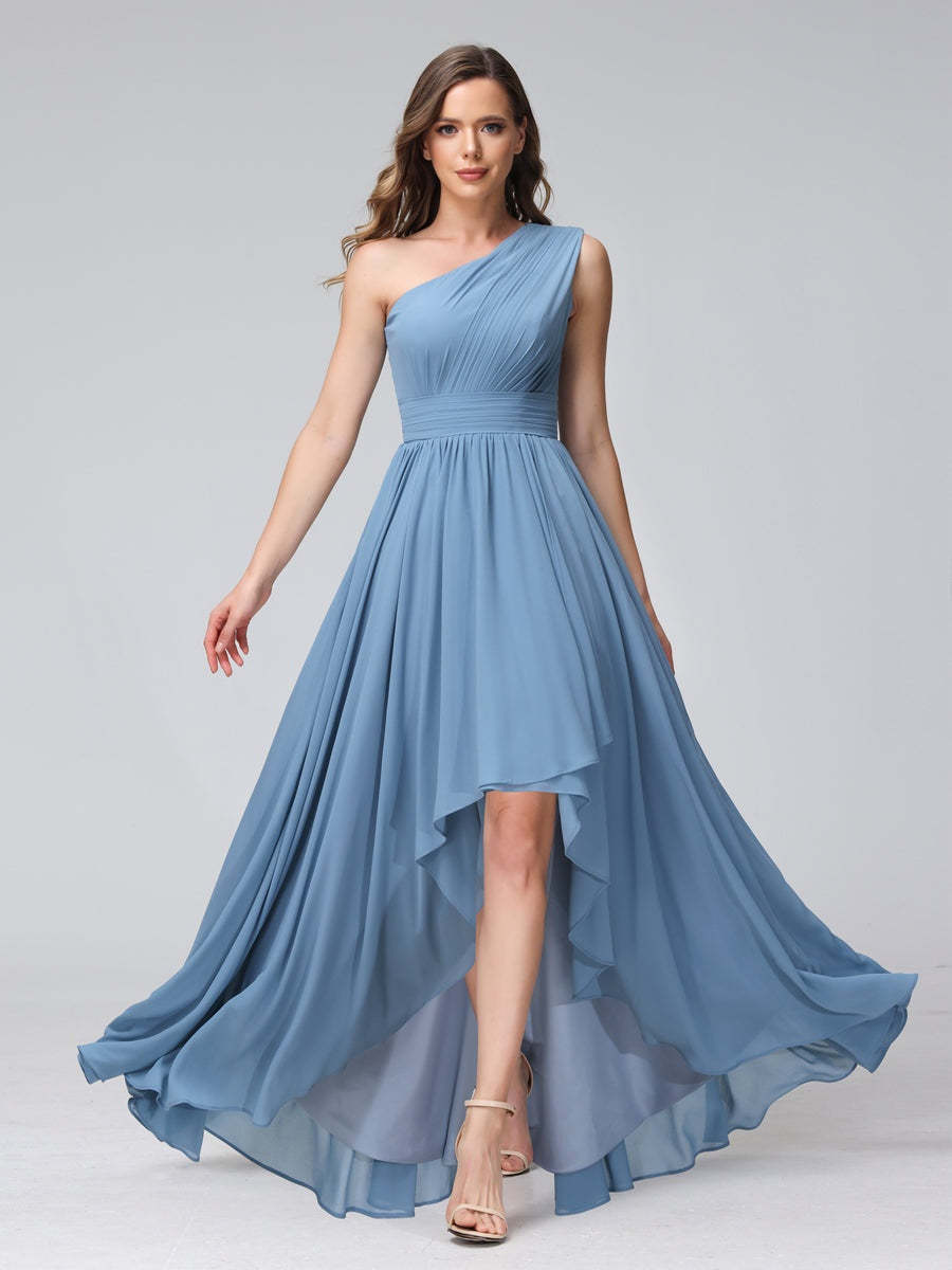 One-Shoulder Asymmetrical A-Line Princess Bridesmaid Dresses with Pockets, Sleeveless