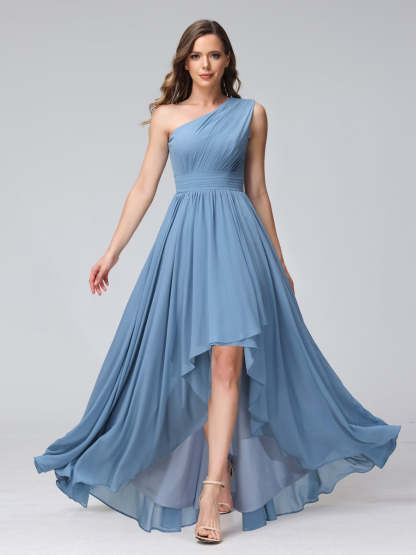One-Shoulder Asymmetrical A-Line Princess Bridesmaid Dresses with Pockets, Sleeveless