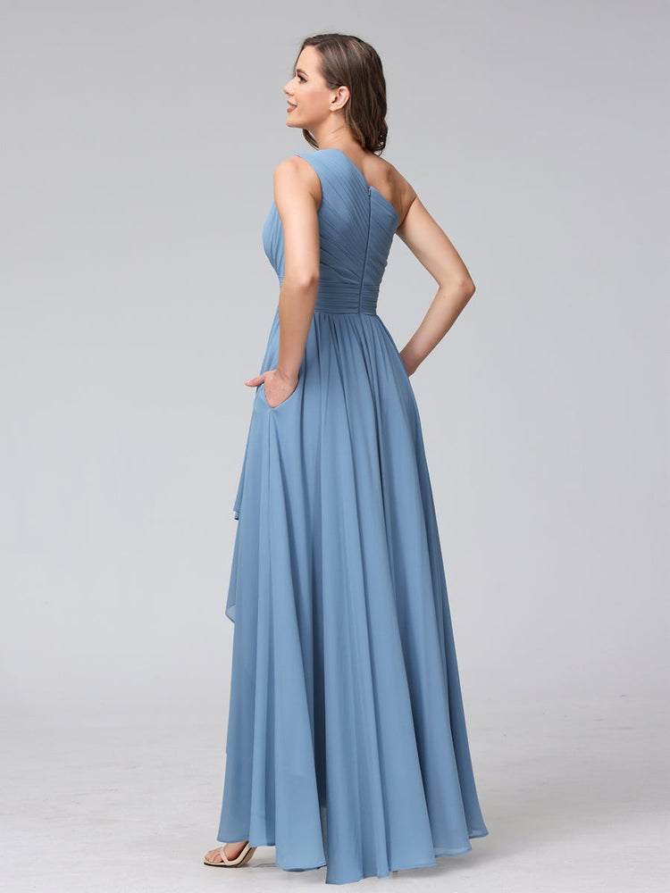 One-Shoulder Asymmetrical A-Line Princess Bridesmaid Dresses with Pockets, Sleeveless