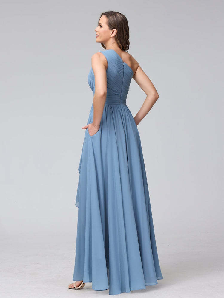 One-Shoulder Asymmetrical A-Line Princess Bridesmaid Dresses with Pockets, Sleeveless
