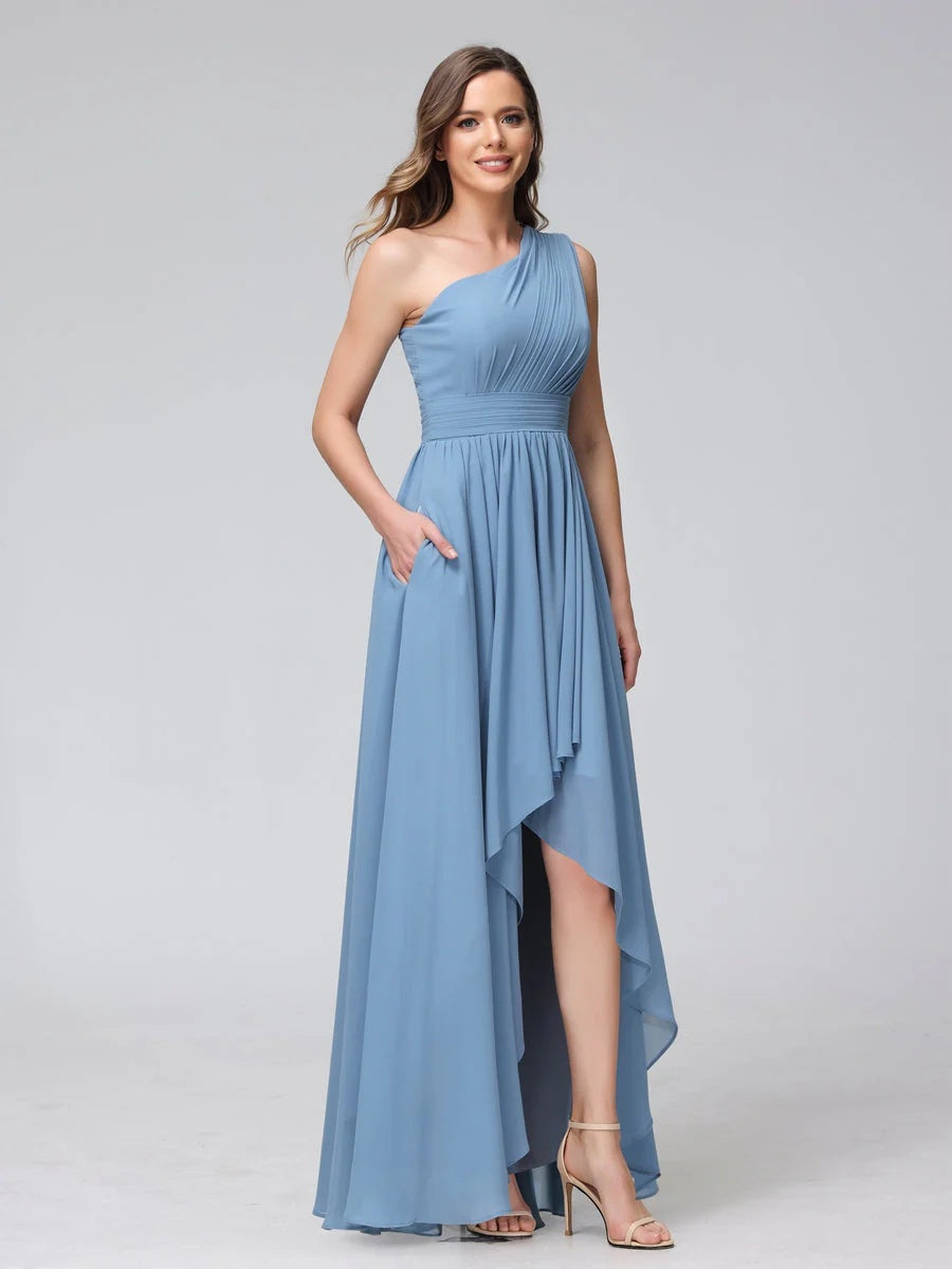 One-Shoulder Asymmetrical A-Line Princess Bridesmaid Dresses with Pockets, Sleeveless