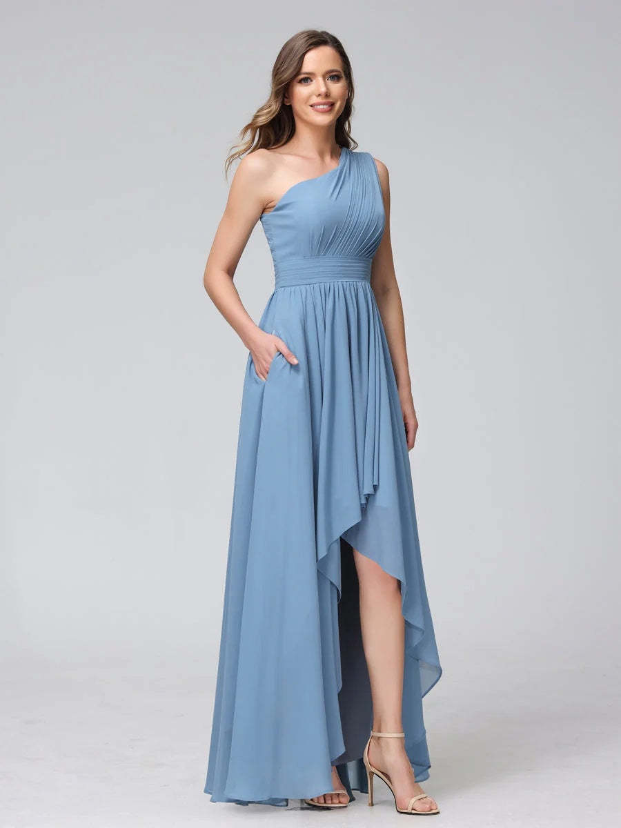 One-Shoulder Asymmetrical A-Line Princess Bridesmaid Dresses with Pockets, Sleeveless