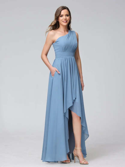 One-Shoulder Asymmetrical A-Line Princess Bridesmaid Dresses with Pockets, Sleeveless
