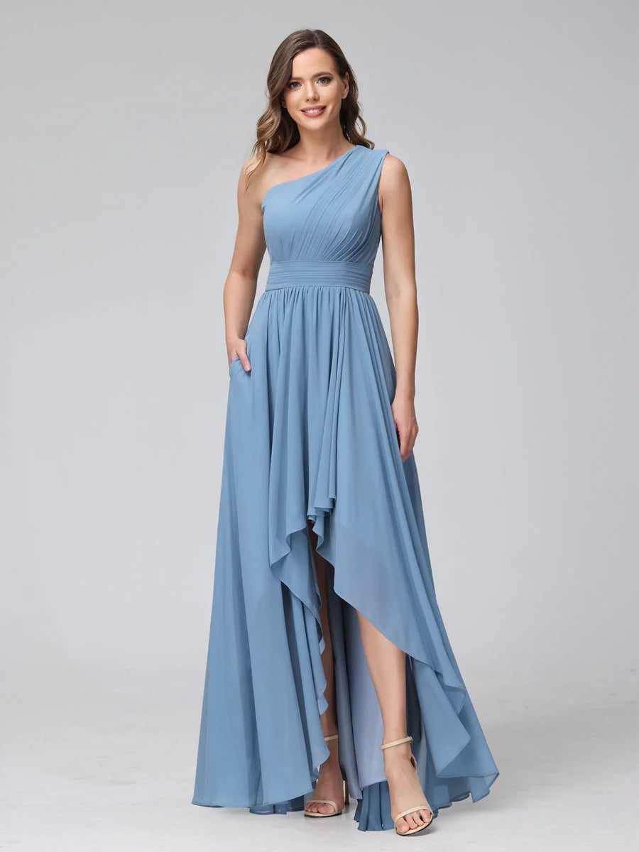 One-Shoulder Asymmetrical A-Line Princess Bridesmaid Dresses with Pockets, Sleeveless