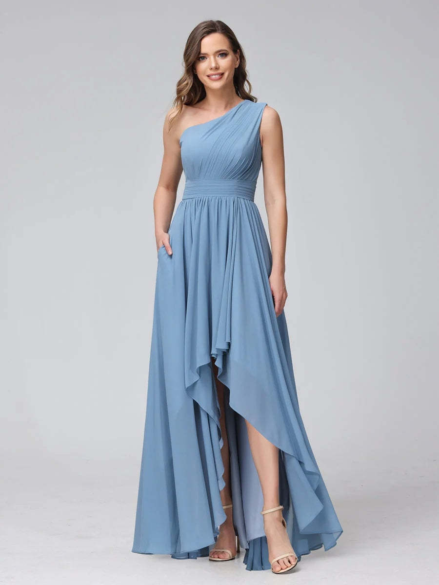 One-Shoulder Asymmetrical A-Line Princess Bridesmaid Dresses with Pockets, Sleeveless