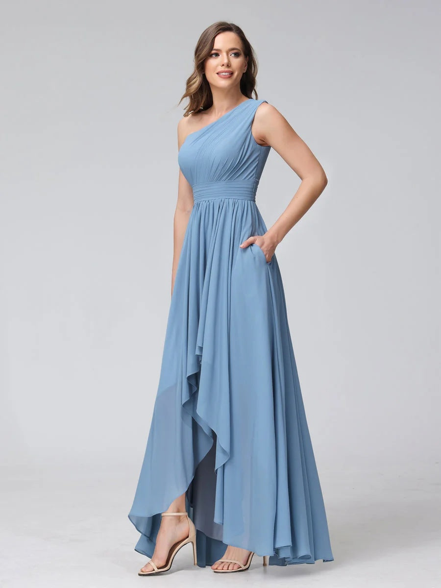 One-Shoulder Asymmetrical A-Line Princess Bridesmaid Dresses with Pockets, Sleeveless