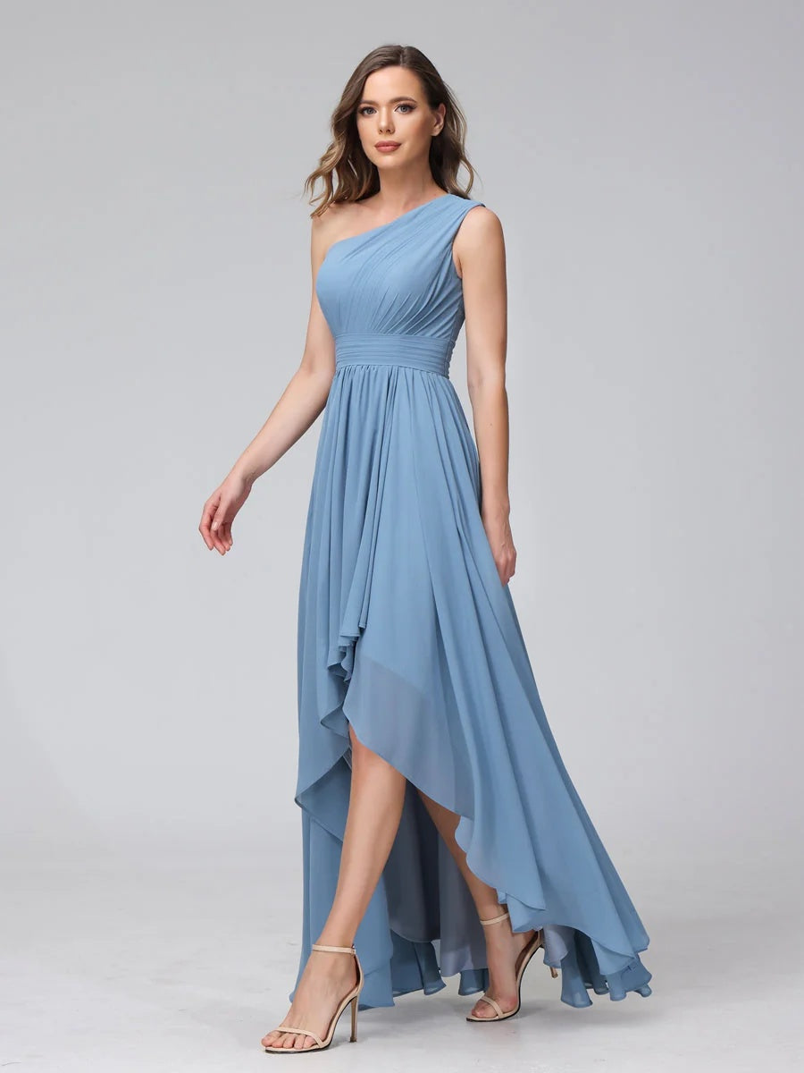 One-Shoulder Asymmetrical A-Line Princess Bridesmaid Dresses with Pockets, Sleeveless