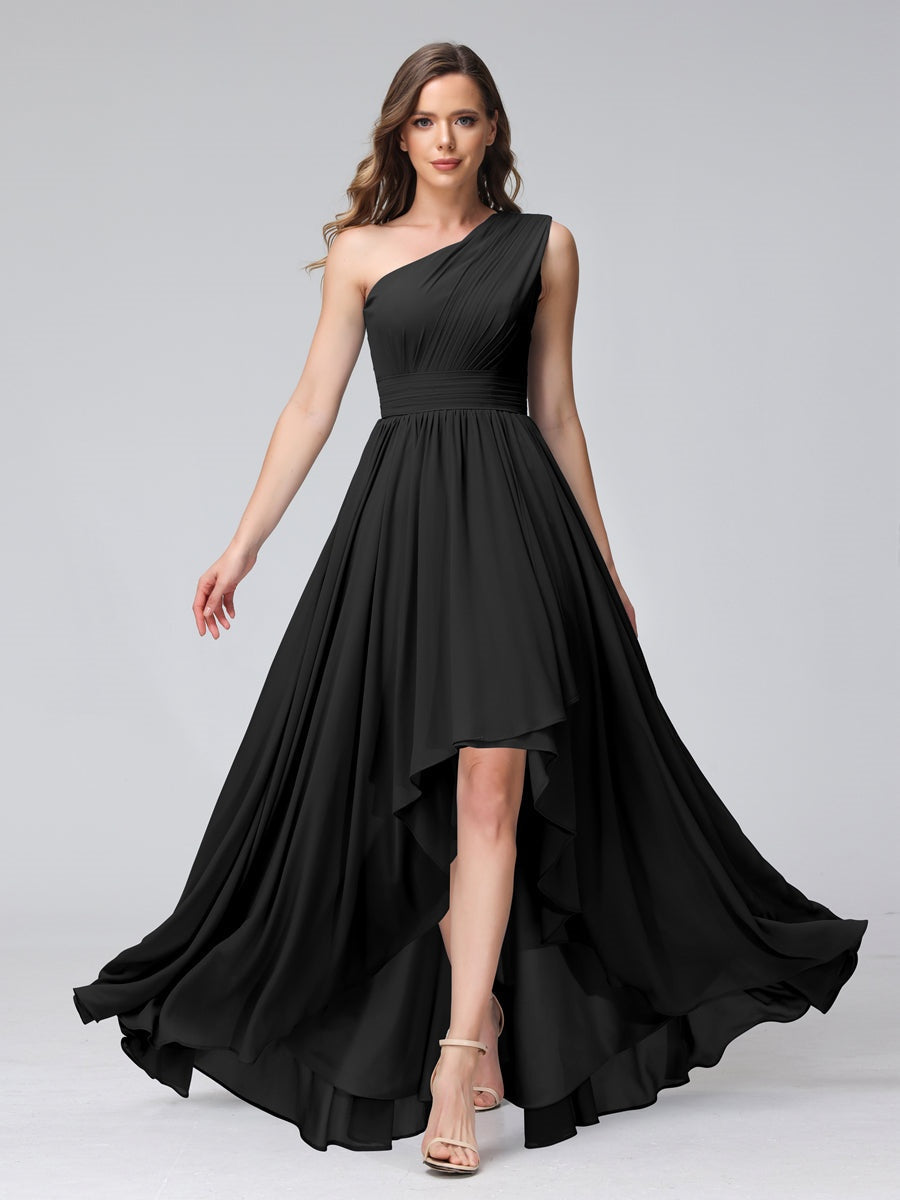 One-Shoulder Asymmetrical A-Line Princess Bridesmaid Dresses with Pockets, Sleeveless