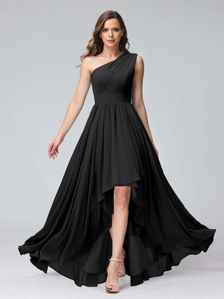 One-Shoulder Asymmetrical A-Line Princess Bridesmaid Dresses with Pockets, Sleeveless