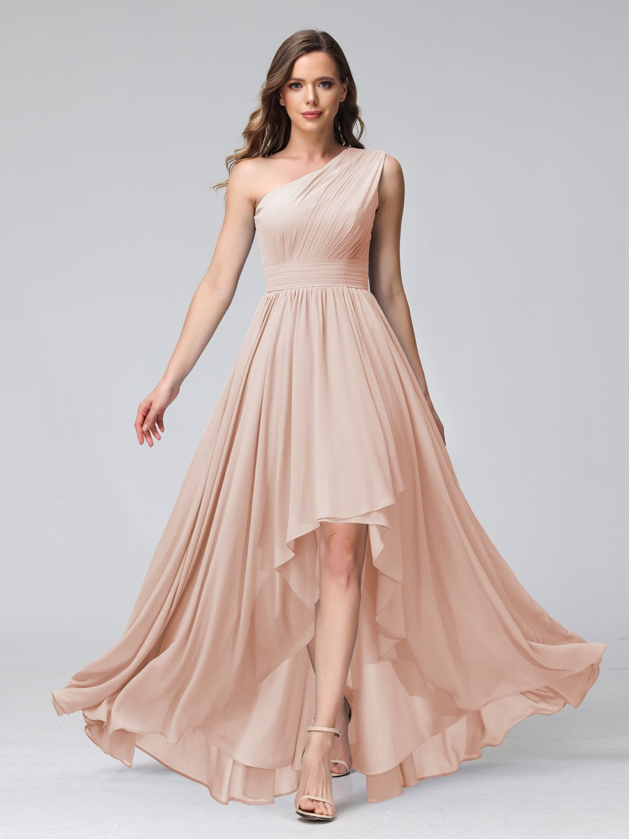 One-Shoulder Asymmetrical A-Line Princess Bridesmaid Dresses with Pockets, Sleeveless