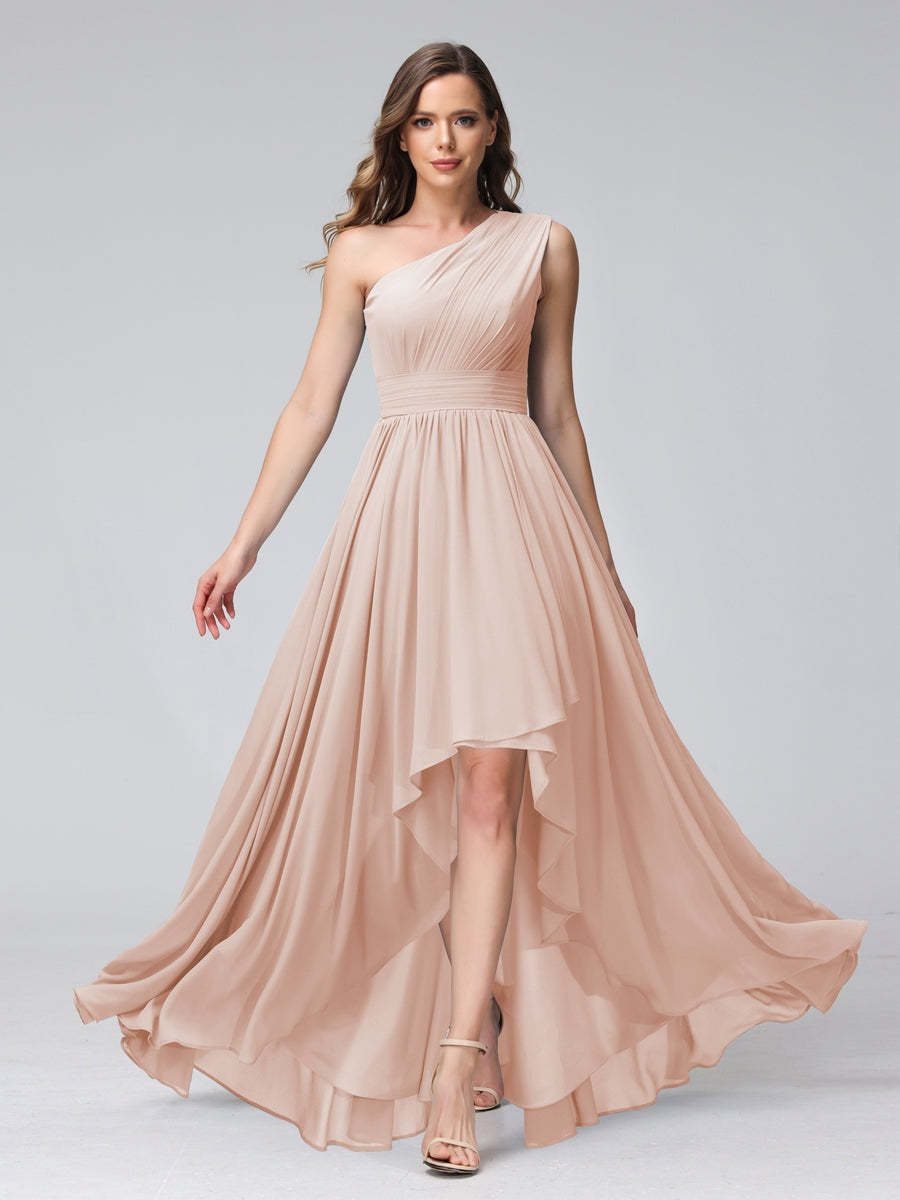 One-Shoulder Asymmetrical A-Line Princess Bridesmaid Dresses with Pockets, Sleeveless