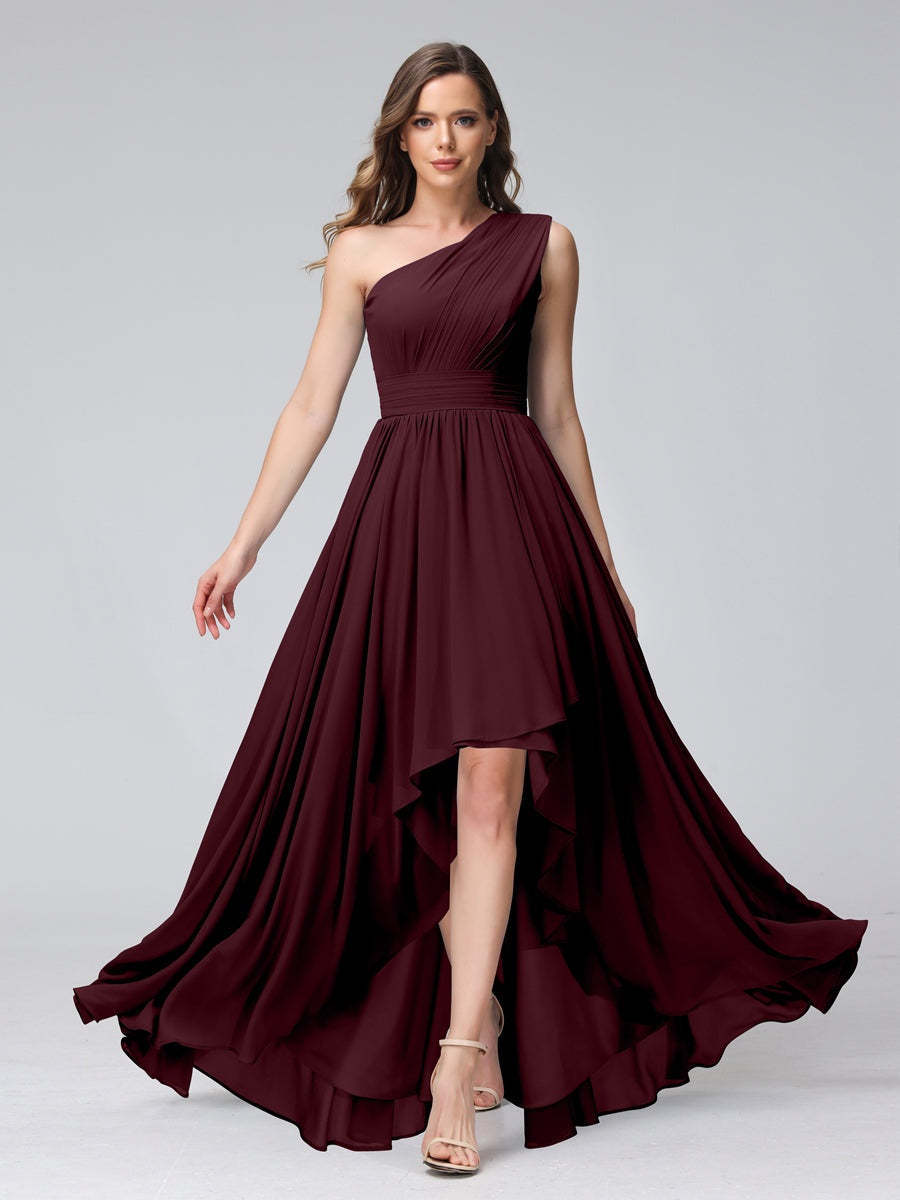 One-Shoulder Asymmetrical A-Line Princess Bridesmaid Dresses with Pockets, Sleeveless