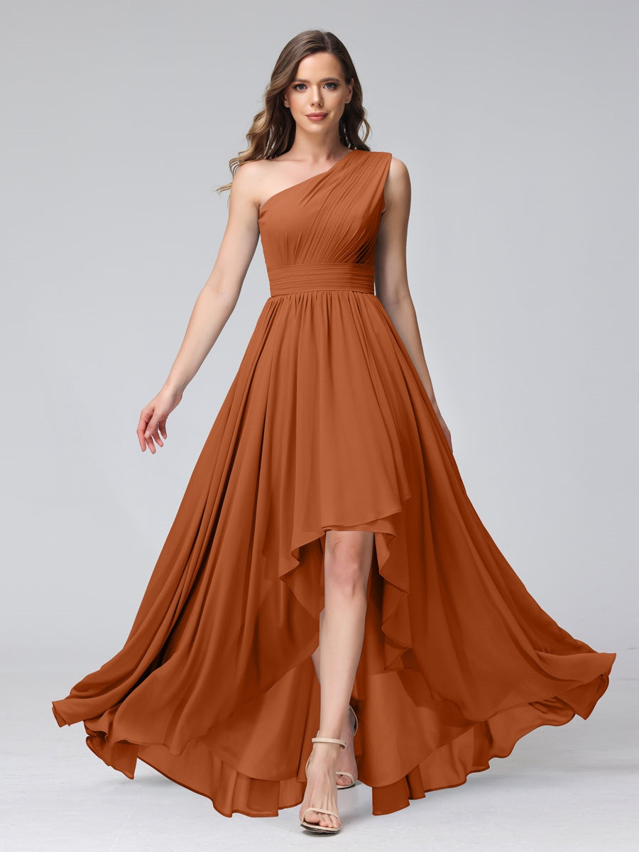 One-Shoulder Asymmetrical A-Line Princess Bridesmaid Dresses with Pockets, Sleeveless