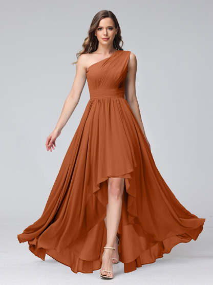 One-Shoulder Asymmetrical A-Line Princess Bridesmaid Dresses with Pockets, Sleeveless