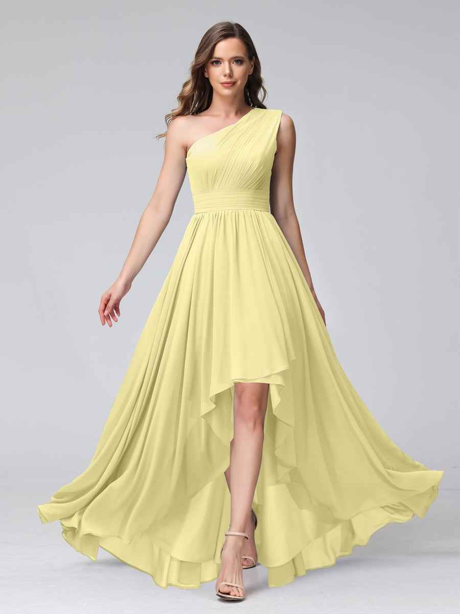 One-Shoulder Asymmetrical A-Line Princess Bridesmaid Dresses with Pockets, Sleeveless
