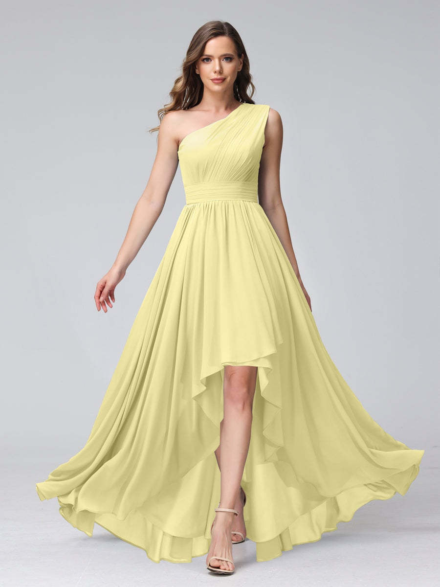 One-Shoulder Asymmetrical A-Line Princess Bridesmaid Dresses with Pockets, Sleeveless