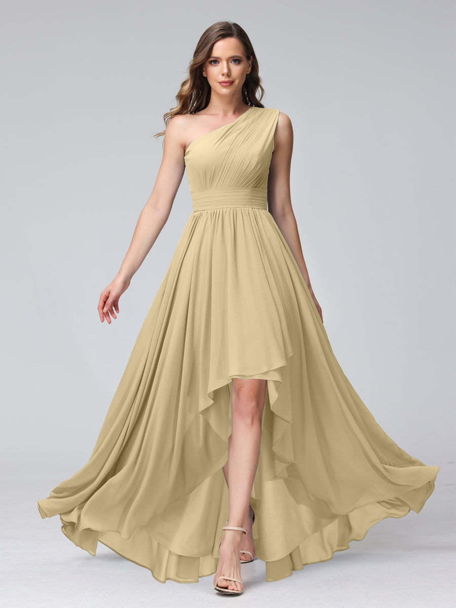 One-Shoulder Asymmetrical A-Line Princess Bridesmaid Dresses with Pockets, Sleeveless