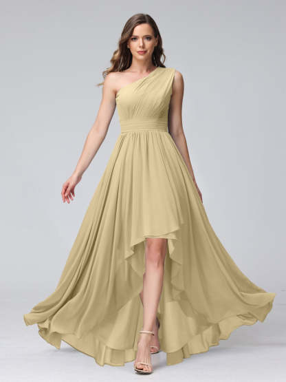 One-Shoulder Asymmetrical A-Line Princess Bridesmaid Dresses with Pockets, Sleeveless