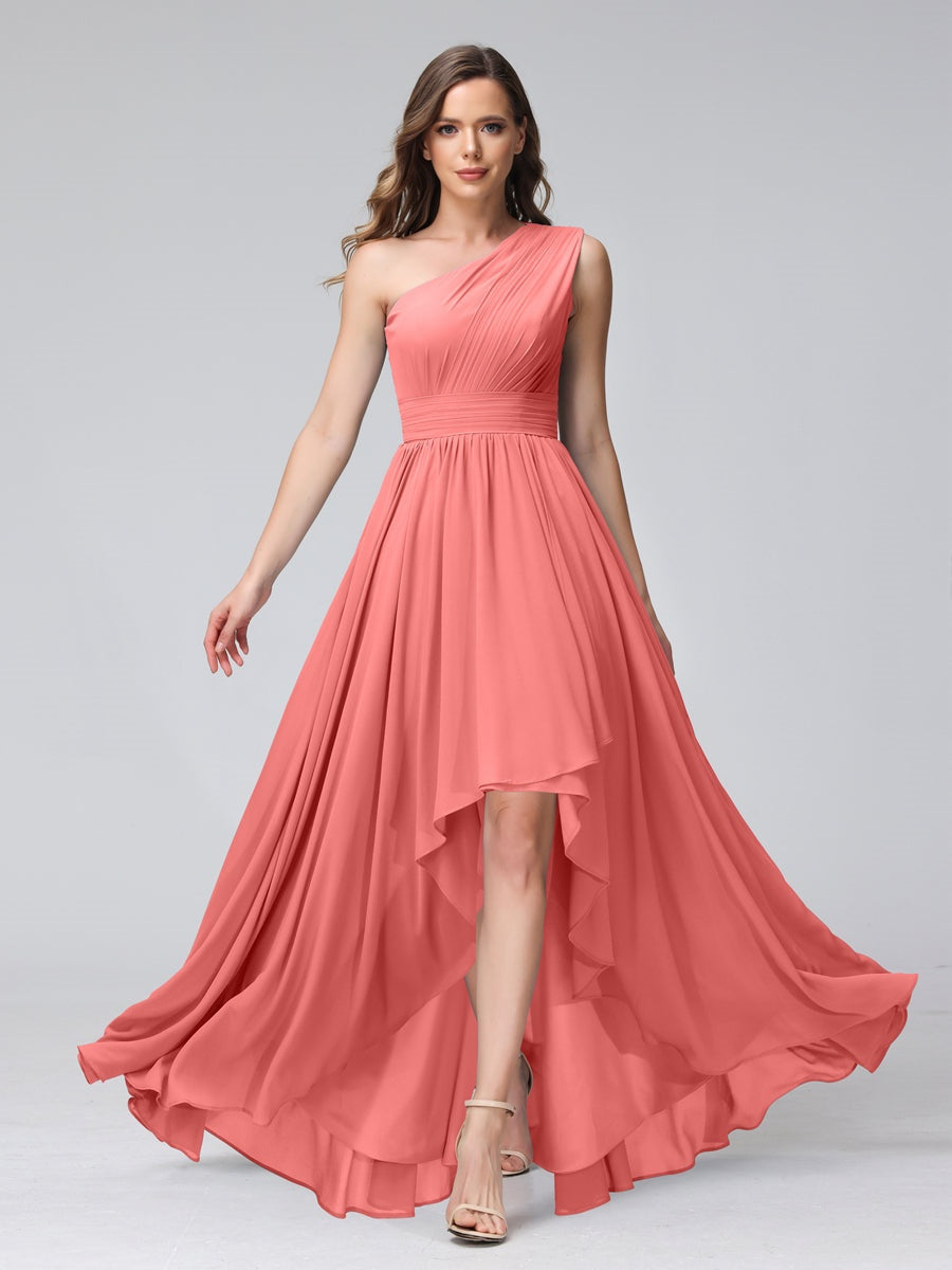 One-Shoulder Asymmetrical A-Line Princess Bridesmaid Dresses with Pockets, Sleeveless