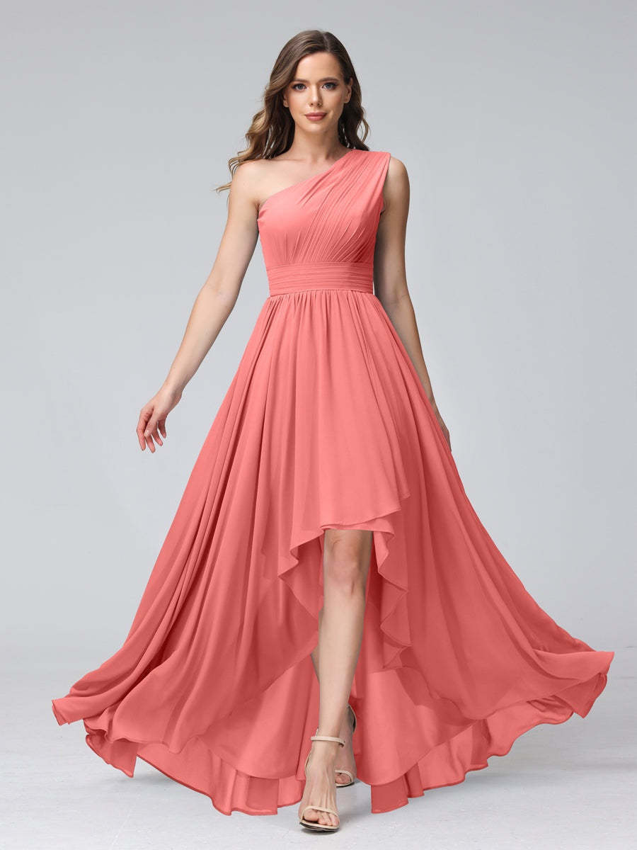 One-Shoulder Asymmetrical A-Line Princess Bridesmaid Dresses with Pockets, Sleeveless