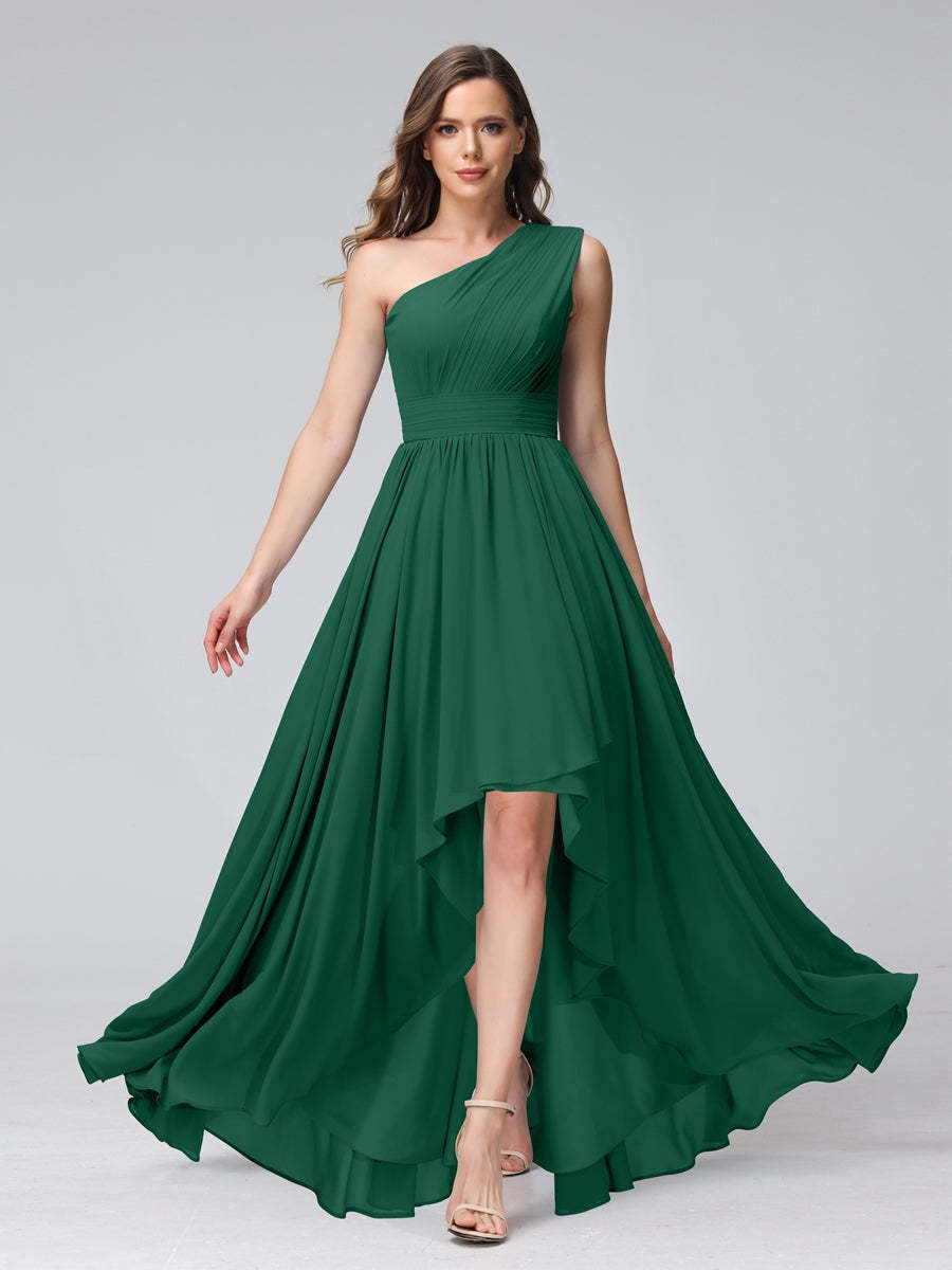 One-Shoulder Asymmetrical A-Line Princess Bridesmaid Dresses with Pockets, Sleeveless