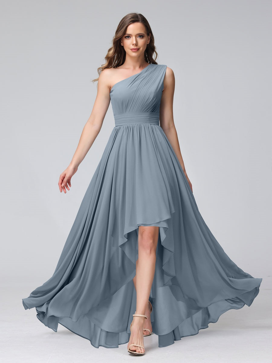 One-Shoulder Asymmetrical A-Line Princess Bridesmaid Dresses with Pockets, Sleeveless
