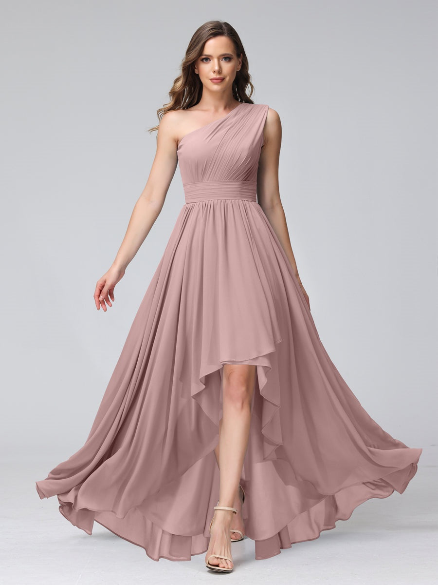 One-Shoulder Asymmetrical A-Line Princess Bridesmaid Dresses with Pockets, Sleeveless