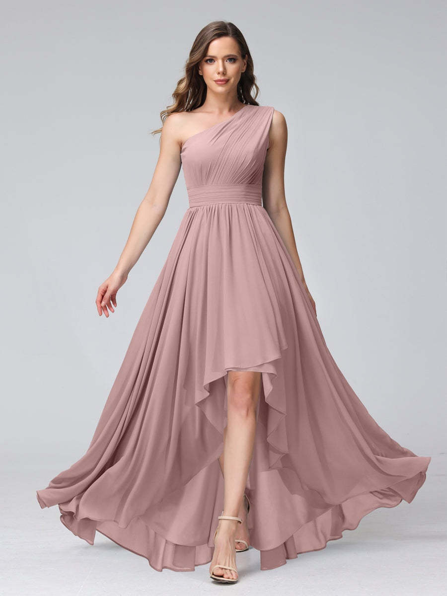 One-Shoulder Asymmetrical A-Line Princess Bridesmaid Dresses with Pockets, Sleeveless