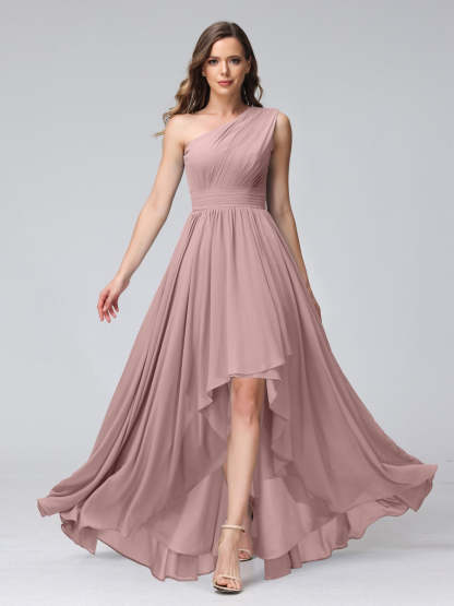 One-Shoulder Asymmetrical A-Line Princess Bridesmaid Dresses with Pockets, Sleeveless