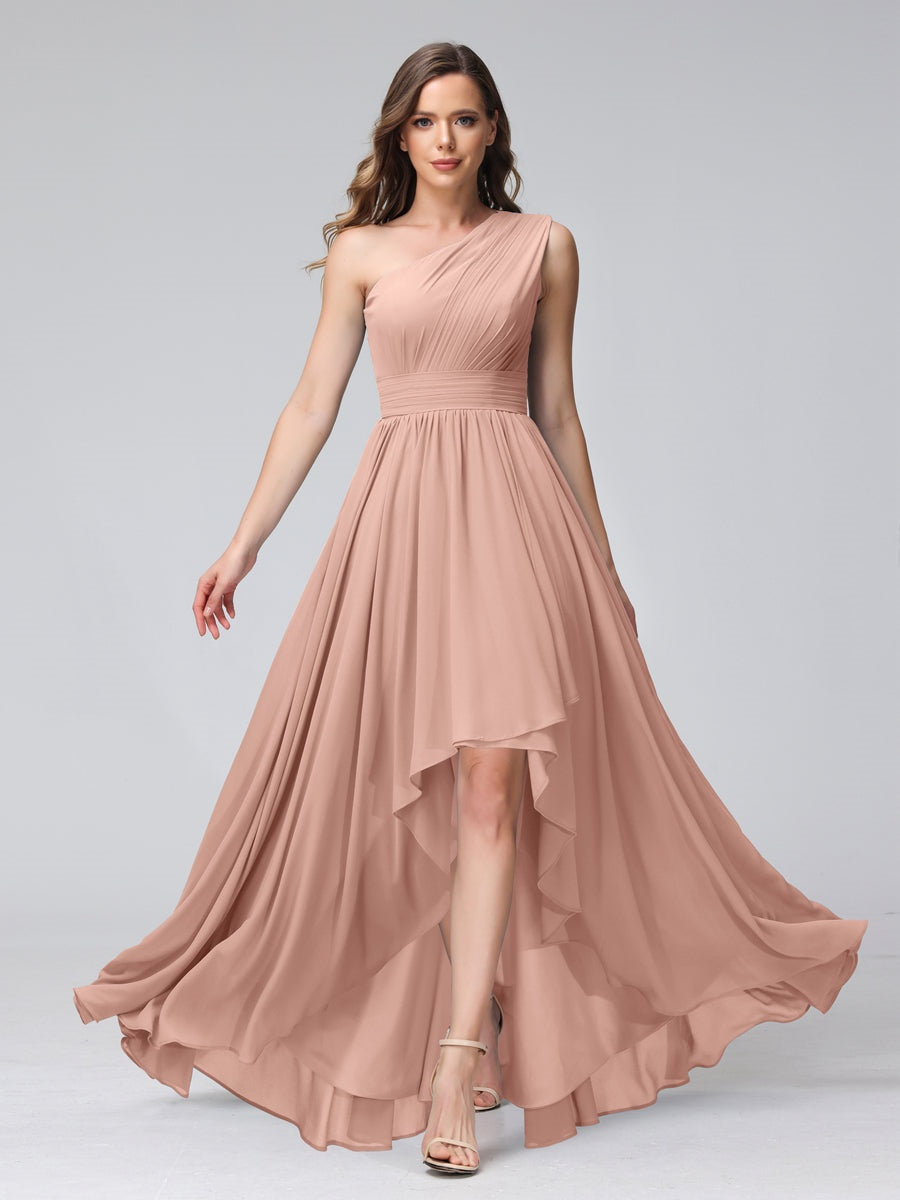 One-Shoulder Asymmetrical A-Line Princess Bridesmaid Dresses with Pockets, Sleeveless
