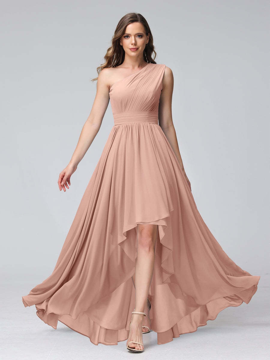 One-Shoulder Asymmetrical A-Line Princess Bridesmaid Dresses with Pockets, Sleeveless