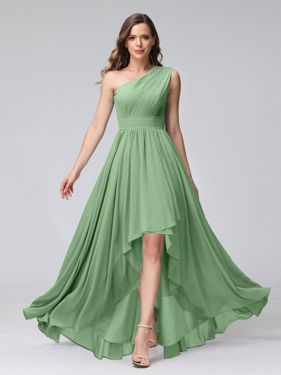 One-Shoulder Asymmetrical A-Line Princess Bridesmaid Dresses with Pockets, Sleeveless
