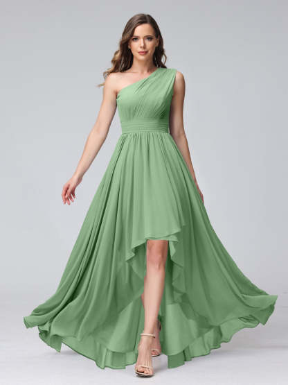 One-Shoulder Asymmetrical A-Line Princess Bridesmaid Dresses with Pockets, Sleeveless