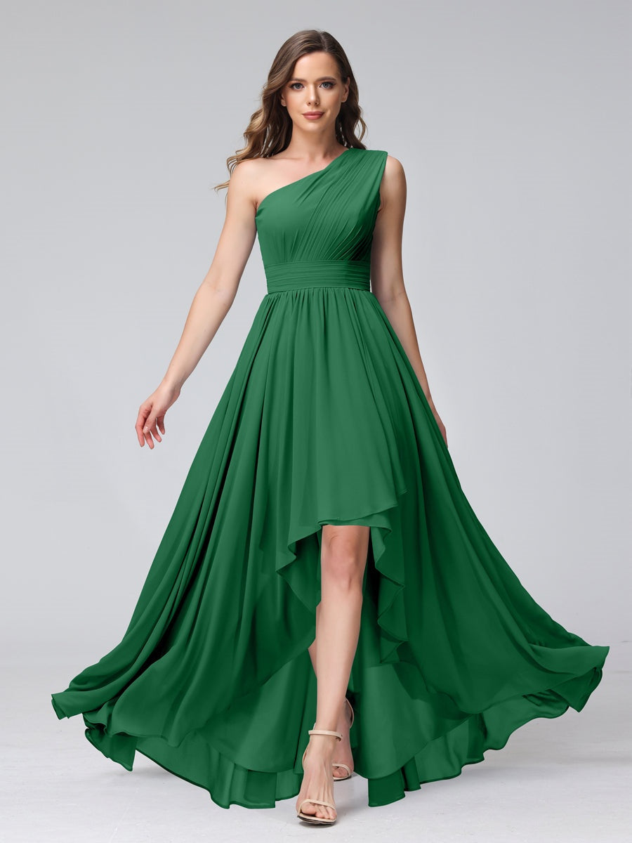 One-Shoulder Asymmetrical A-Line Princess Bridesmaid Dresses with Pockets, Sleeveless
