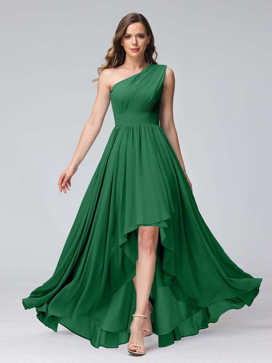 One-Shoulder Asymmetrical A-Line Princess Bridesmaid Dresses with Pockets, Sleeveless