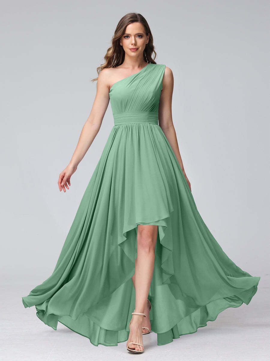 One-Shoulder Asymmetrical A-Line Princess Bridesmaid Dresses with Pockets, Sleeveless