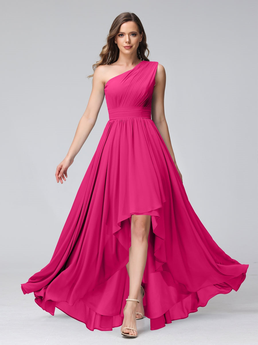One-Shoulder Asymmetrical A-Line Princess Bridesmaid Dresses with Pockets, Sleeveless
