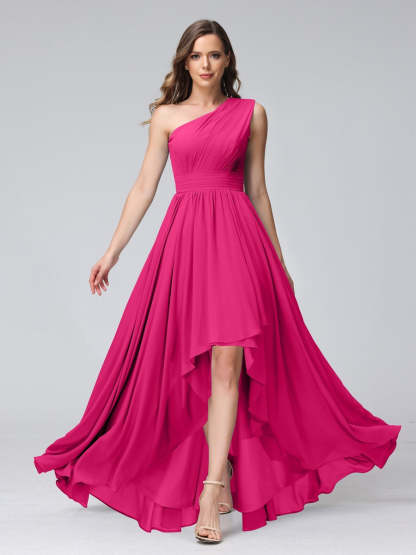One-Shoulder Asymmetrical A-Line Princess Bridesmaid Dresses with Pockets, Sleeveless