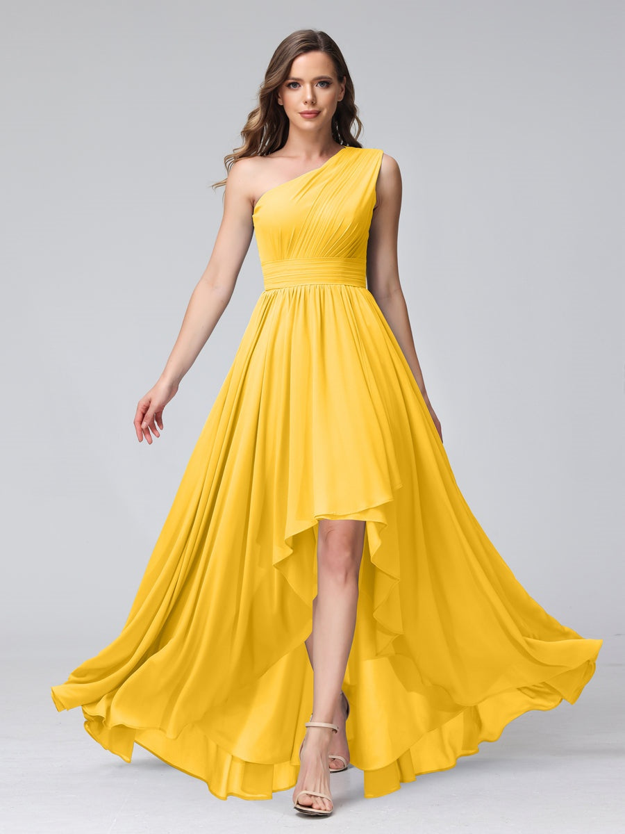 One-Shoulder Asymmetrical A-Line Princess Bridesmaid Dresses with Pockets, Sleeveless