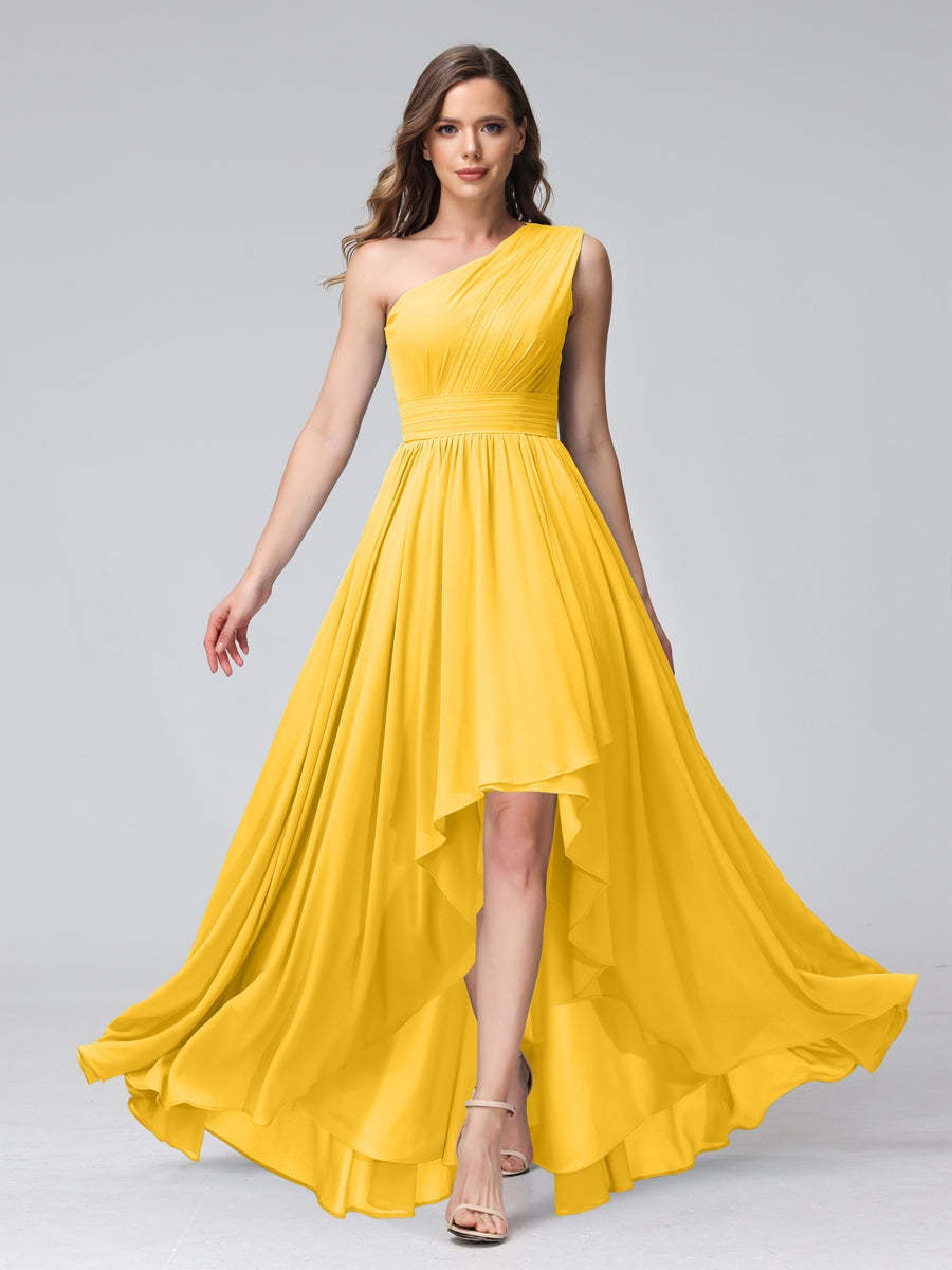 One-Shoulder Asymmetrical A-Line Princess Bridesmaid Dresses with Pockets, Sleeveless
