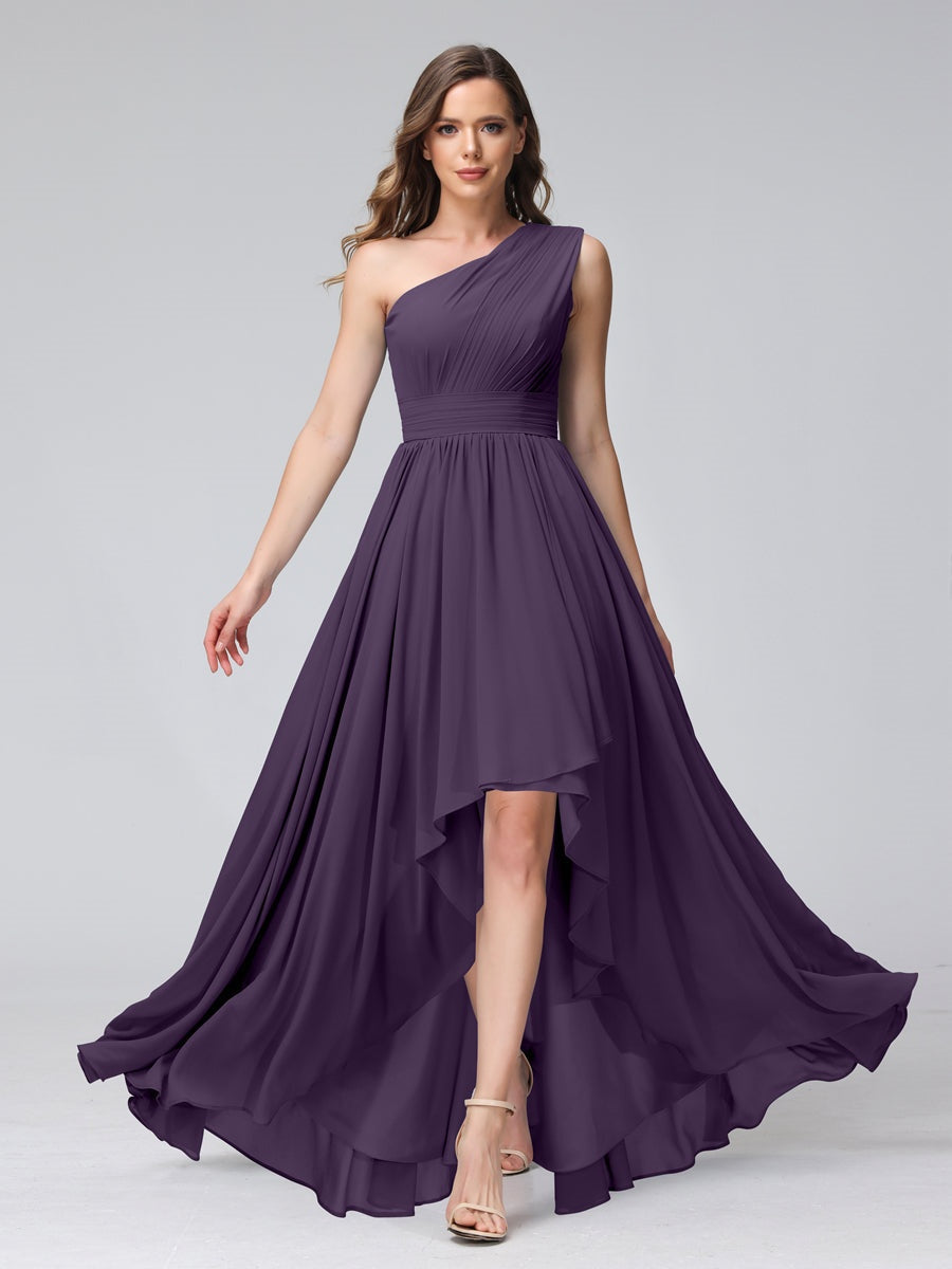 One-Shoulder Asymmetrical A-Line Princess Bridesmaid Dresses with Pockets, Sleeveless