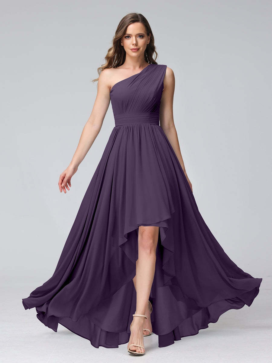 One-Shoulder Asymmetrical A-Line Princess Bridesmaid Dresses with Pockets, Sleeveless