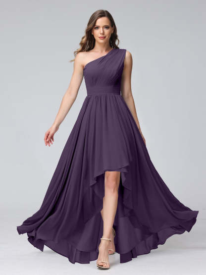One-Shoulder Asymmetrical A-Line Princess Bridesmaid Dresses with Pockets, Sleeveless