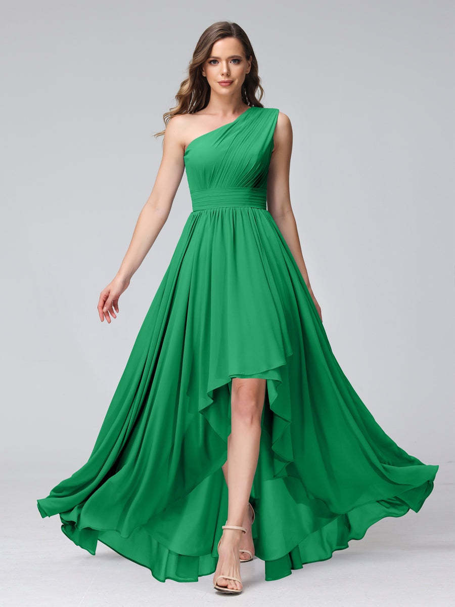 One-Shoulder Asymmetrical A-Line Princess Bridesmaid Dresses with Pockets, Sleeveless