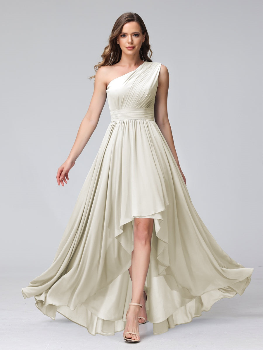 One-Shoulder Asymmetrical A-Line Princess Bridesmaid Dresses with Pockets, Sleeveless