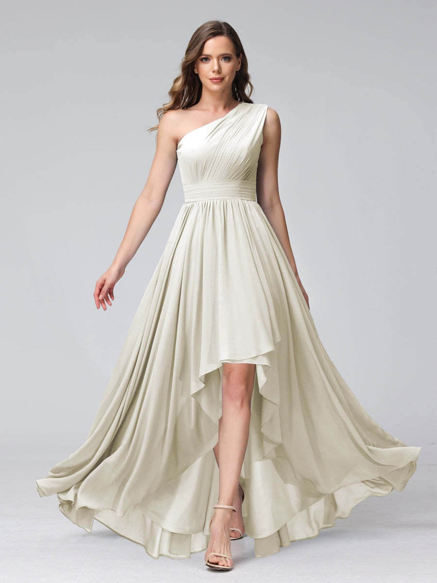One-Shoulder Asymmetrical A-Line Princess Bridesmaid Dresses with Pockets, Sleeveless