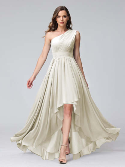 One-Shoulder Asymmetrical A-Line Princess Bridesmaid Dresses with Pockets, Sleeveless