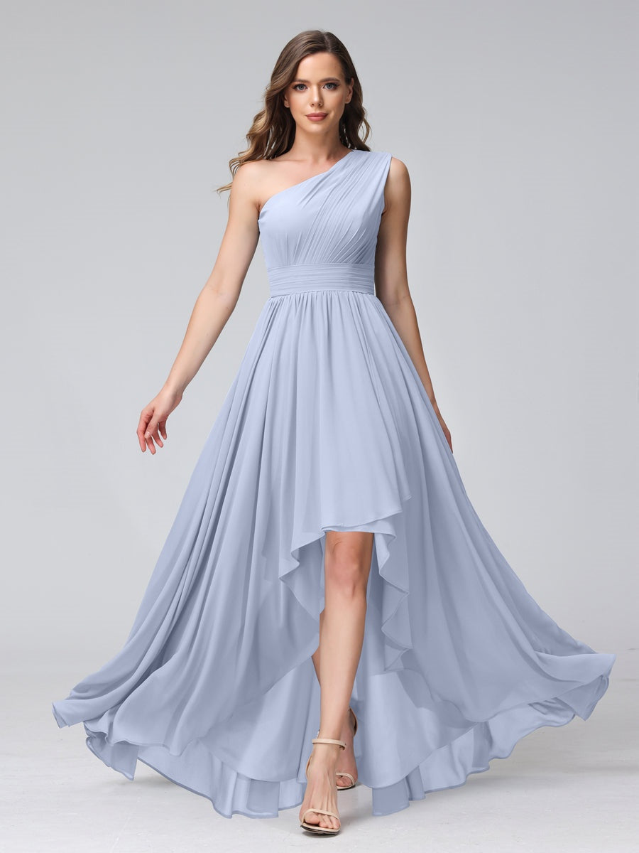 One-Shoulder Asymmetrical A-Line Princess Bridesmaid Dresses with Pockets, Sleeveless